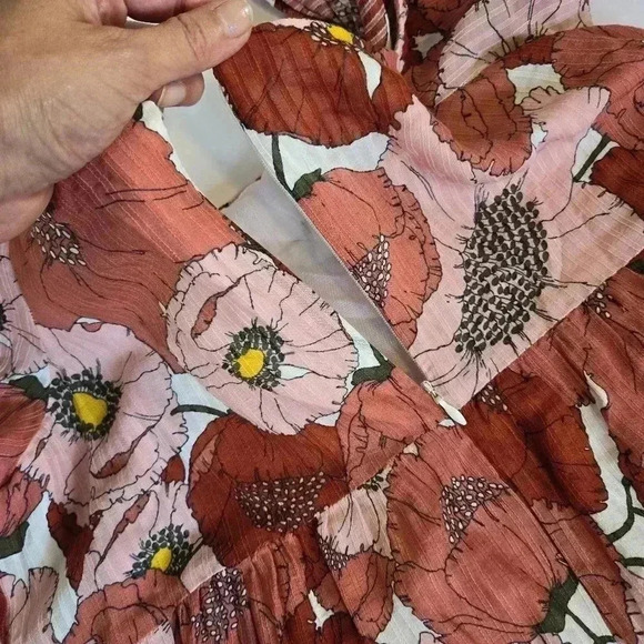 Ann Taylor Loft Coral Large Floral Poppy Square Neck Puff Sleeve Dress 4 - Picture 14 of 15